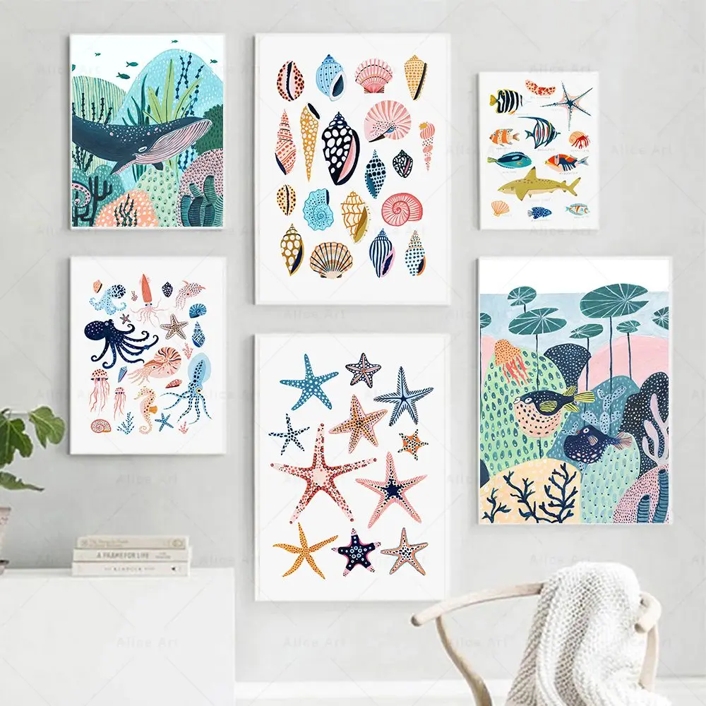 Conchas, estrella de mar, pez, ballena, pulpo, cangrejo, póster, acuarela, vida marina, pintura en lienzo, impresiones educativas, imagen, decoración de pared del hogar para habitación