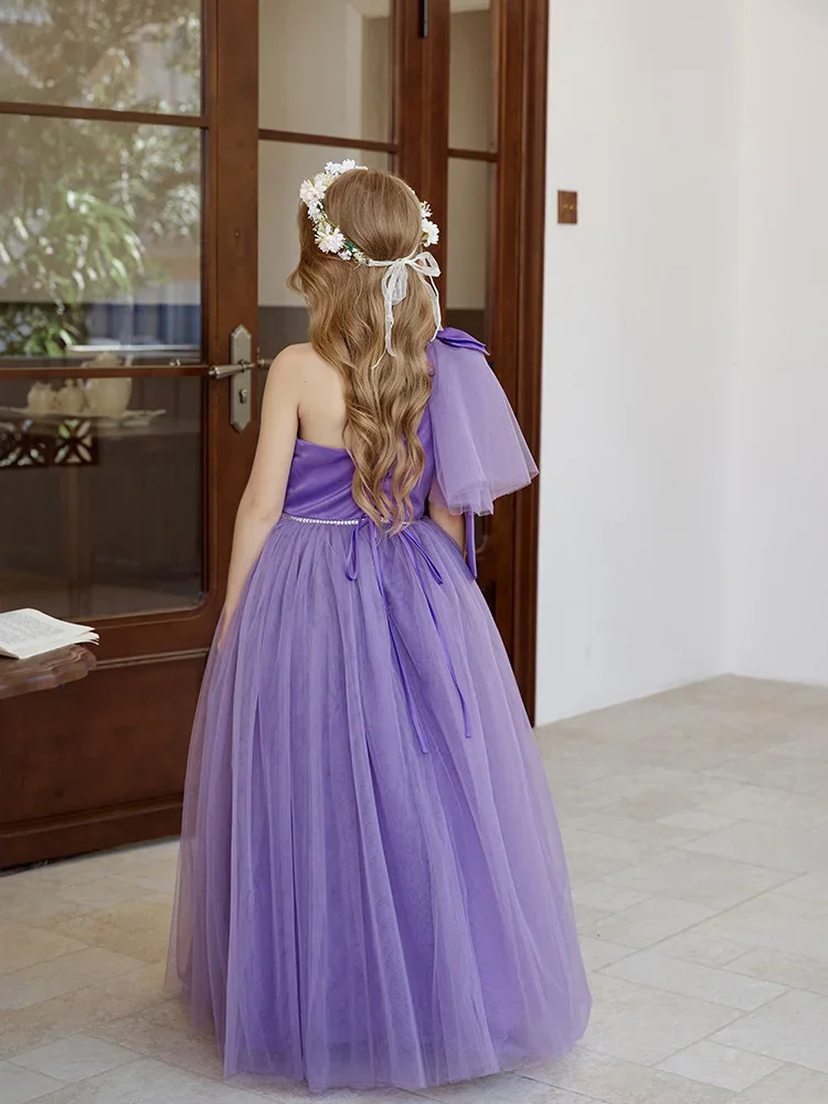 Sukienka dla dziewczynki na wesele, tiulowa, z koralikami, na jedno ramię, z kokardą, do ziemi, sukienka księżniczki, sukienki na przyjęcie urodzinowe dla dzieci, szyte na miarę.