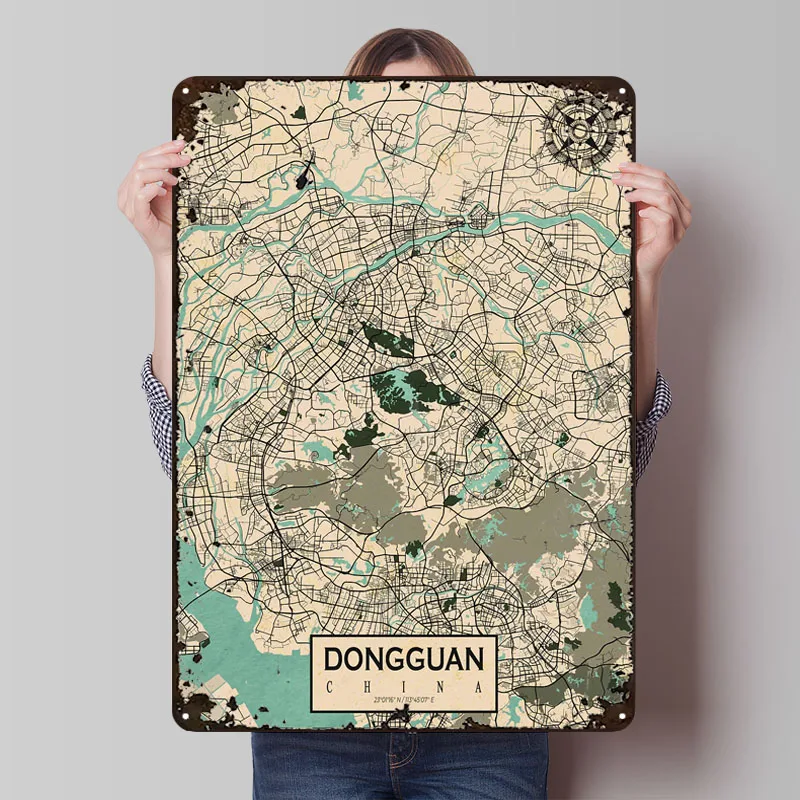 

Карта города Дунгуань, винтажный металлический плакат, украшение интерьера гостиной, металлические жестяные вывески на заказ, тарелки для настенного художественного украшения дома