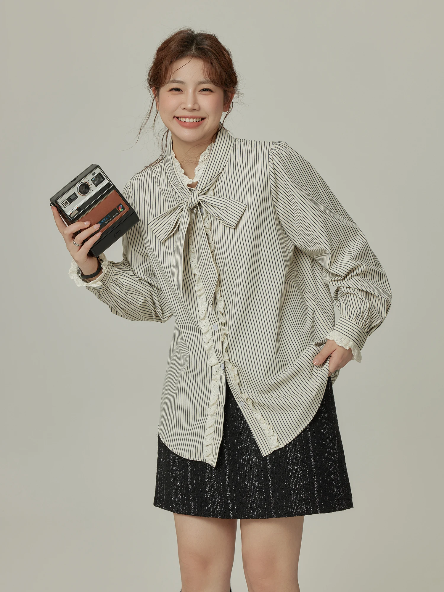 

Женская юбка Monika больших размеров с длинным рукавом, новинка 2025 года, с бантом и полосками, повседневная, в корейском стиле, с завышенной талией, А-силуэт