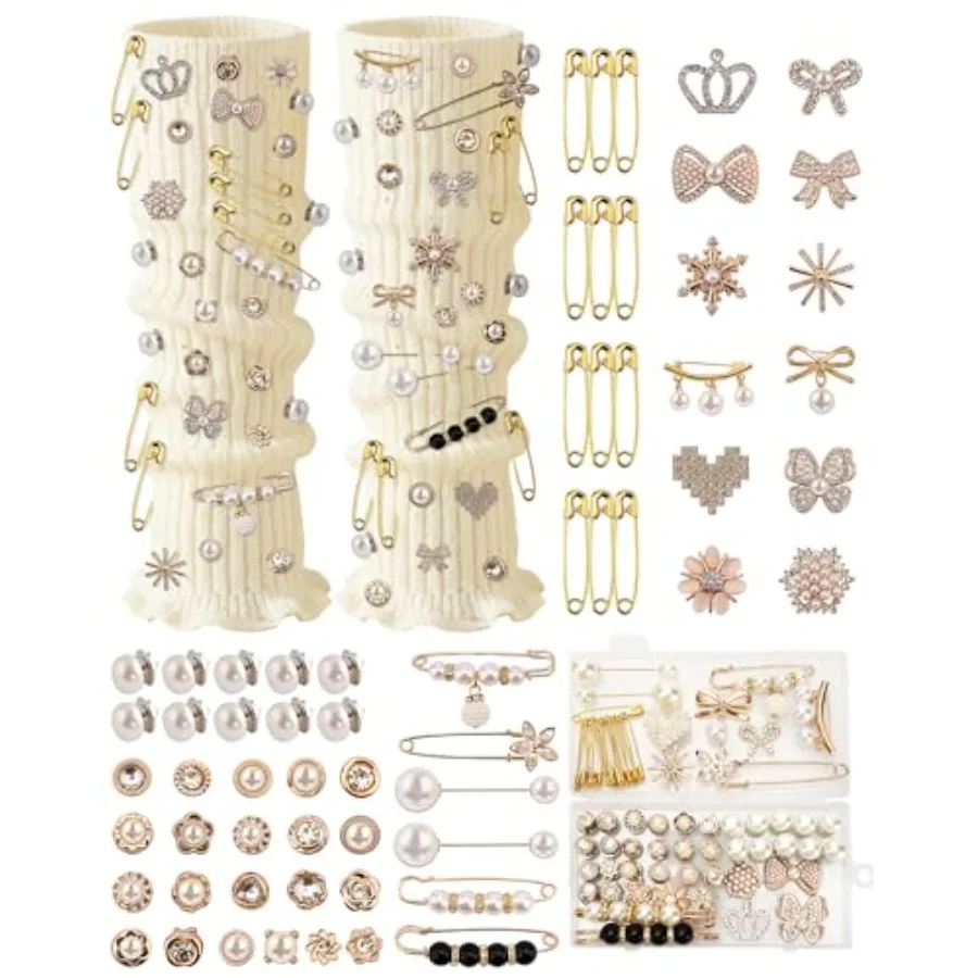 

60 Pcs Charms for Socks Shoe, Gold Brooches and Pins for Women, DIY Junk Sock Jewelry Pearl Brooch Shoe Charms Kit for Clothes