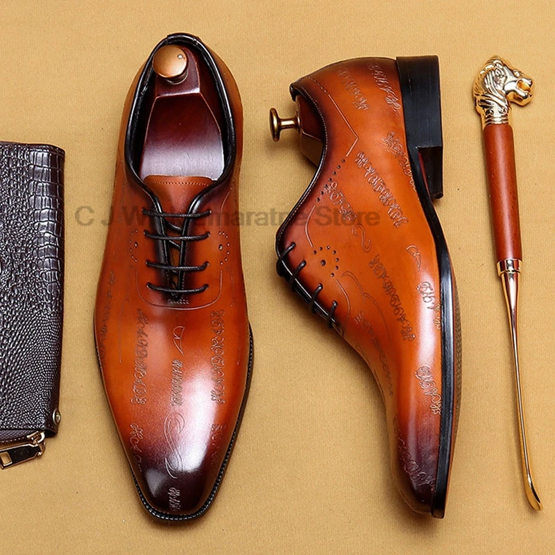 HKDQ-Oxfords marron en cuir de vache pour hommes, chaussures provoqué pointues faites à la main pour mariage, chaussures formelles de bureau d'affaires à lacets