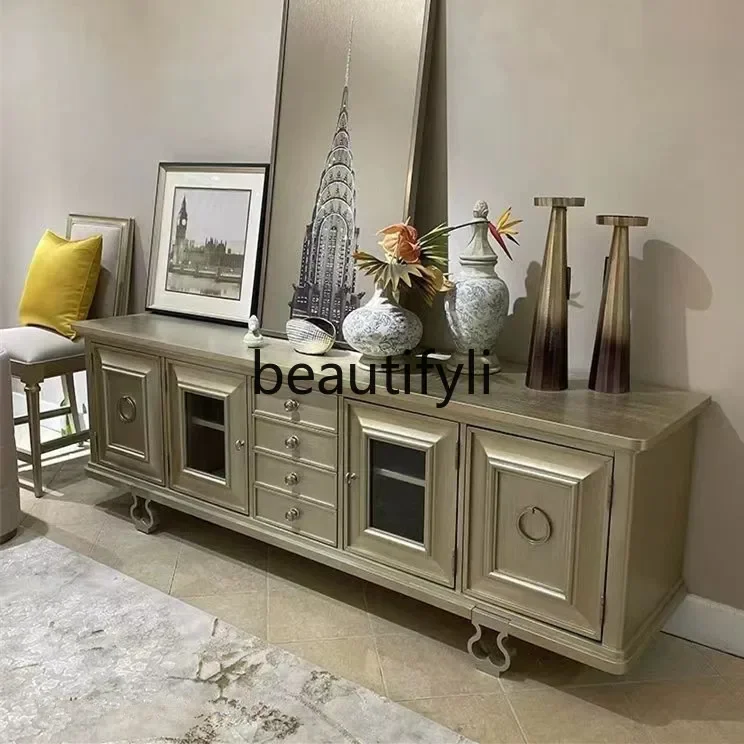 Gabinete de TV de madera maciza gris premium, lujo ligero americano, combinación de mesa de centro, mueble de suelo champán 2936