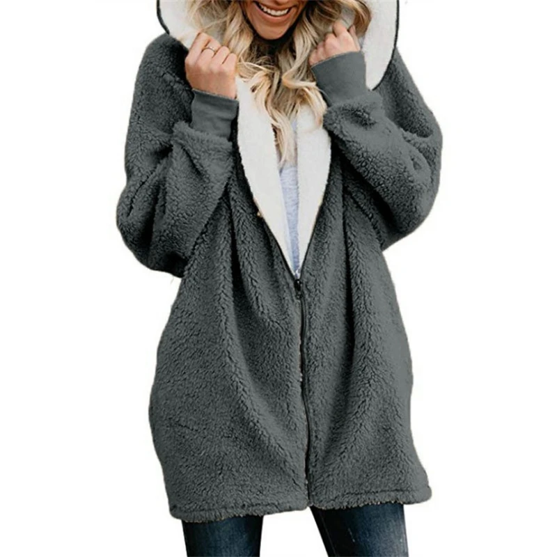 European and American Lamb Fleece Hooded Mid Length Hoodie for Women  Autumn and Winter New Item with Plush Jacket for Women