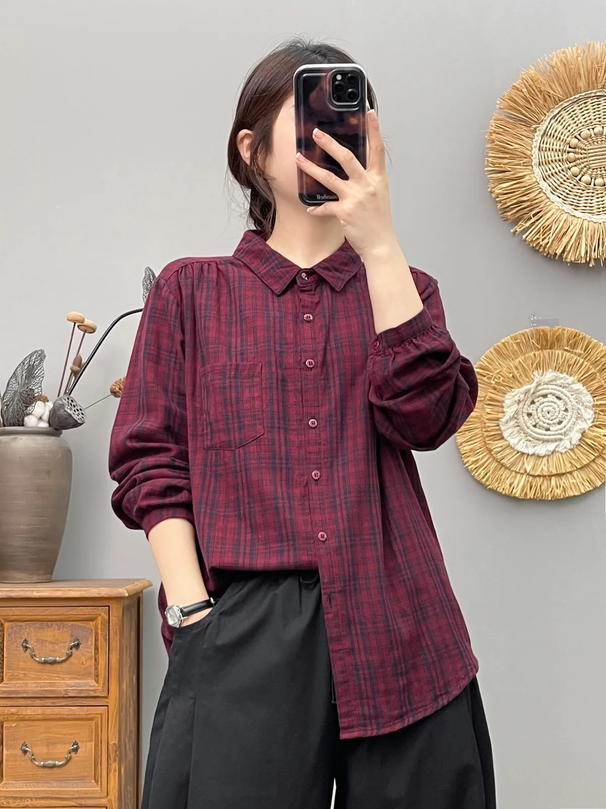 Cotton yarn dark green red plaid shirt for women Japan style  vintage long sleeve checkered shirts blouses women large size tops