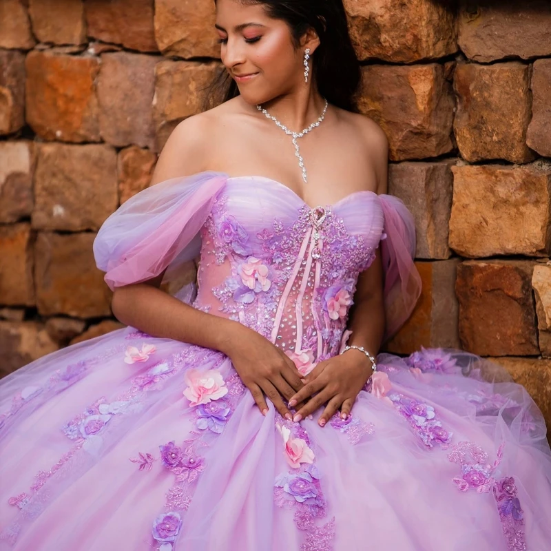 

Lavender Quinceanera Dresses Off The Shoulder Appliques Flower Beads Tull Ball Gown Pink Lining Vestidos De 15 Anos Sweet 16