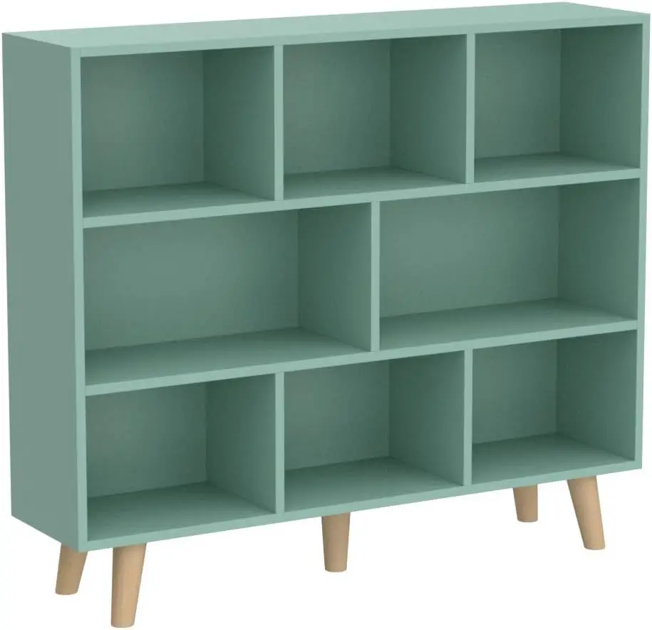 Wooden Open Shelf Bookcase - 3-Tier Floor Standing Display Cabinet Rack with Legs, 8 Cubes Bookshelf, Tiffany-Green