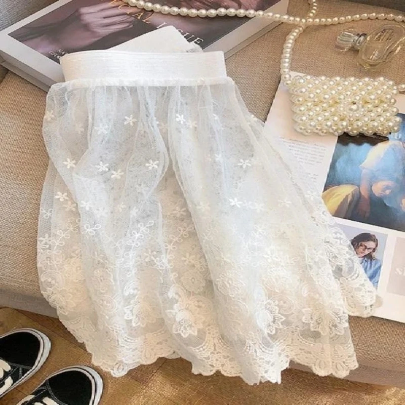 Y2k jupe en dentelle femmes Style coréen taille élastique maille transparente a-ligne Mini jupes été doux superposé Falda Mujer
