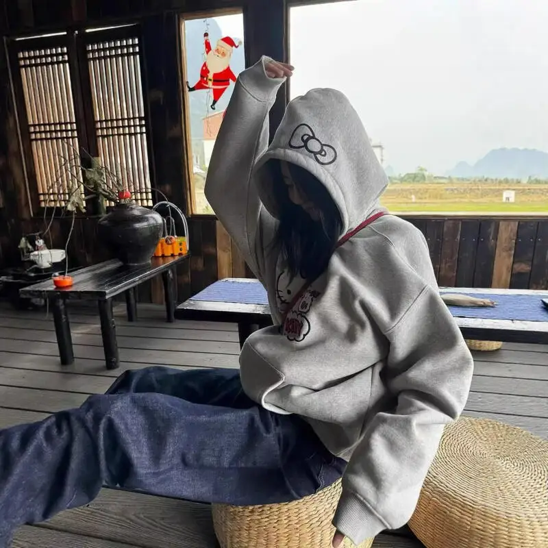 후드티 고양이 프린트 긴 소매 루즈핏 남녀 공용 달콤한 만화 스타일 다용도 가을 겨울 고급형