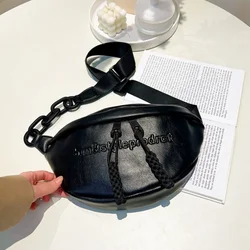 Stylish Solid Black Waist Packs For Women Aesthetic Braid Zipper Fanny Pack Lady Waist Bag Wide Strap Chain Crossbody Chest Bag