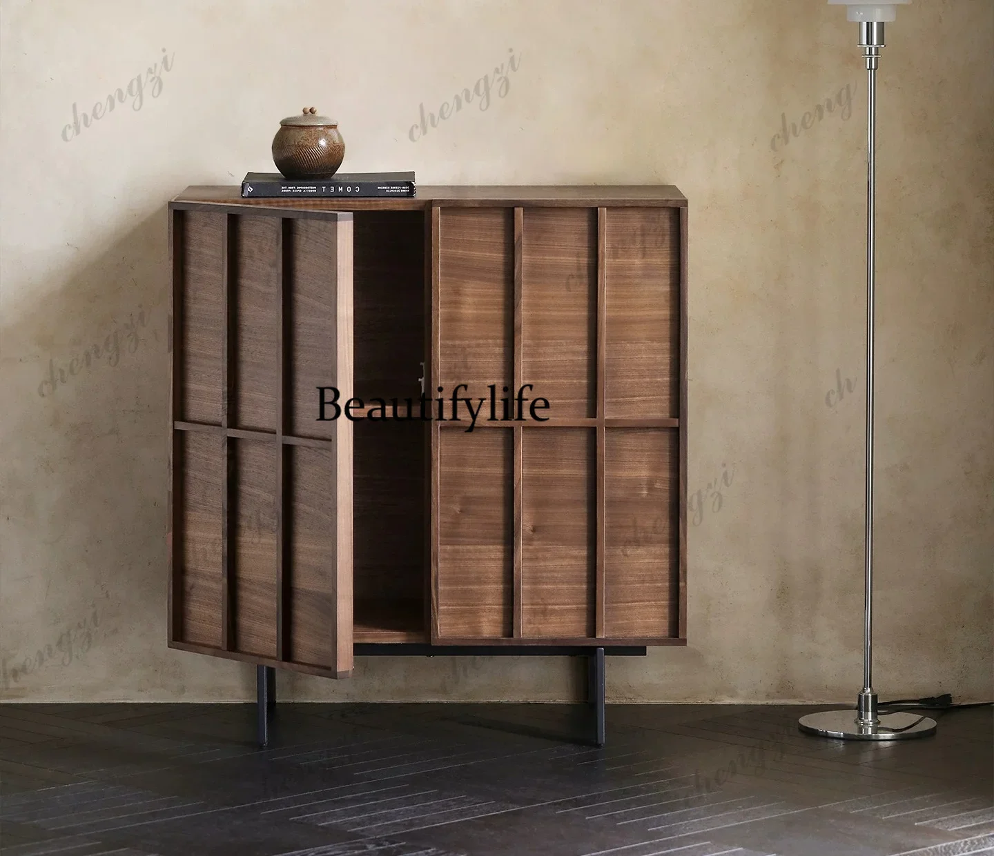 p182 Nordic, medieval retro, tall storage, porch, sofa side cabinet, chest, black walnut.