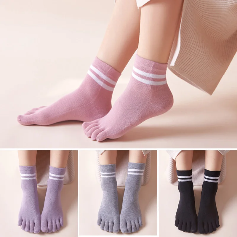 Calcetines cortos con dedos de los pies para las cuatro estaciones para mujer y niña, calcetines Harajuku de algodón a rayas, sólidos, absorbentes del sudor, transpirables, suaves y elásticos, 5 dedos