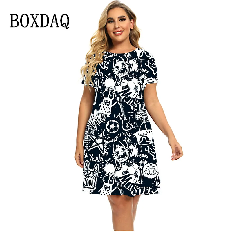 New Fashion Cute Kawaii Dresses Women Graffiti Print Hip Hop Short Sleeve Loose Casual Mini Dress Plus Size Summer Clothing 6XL