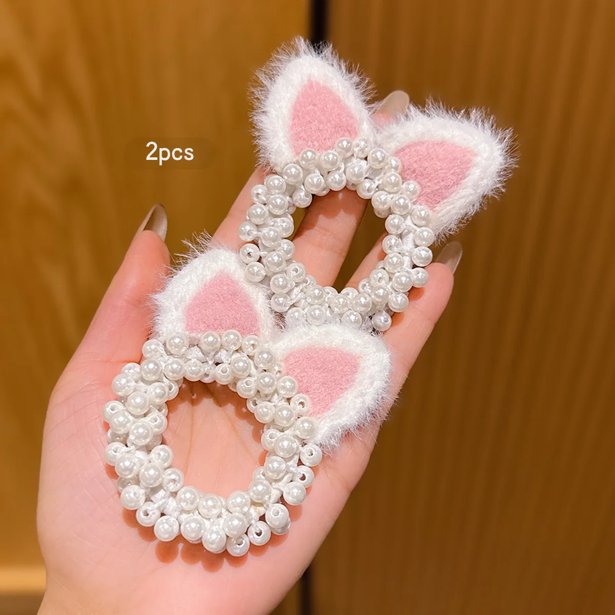 2 pink white headdresses Cat's ears (Steamed cat-ear shaped bread) balls hair rings