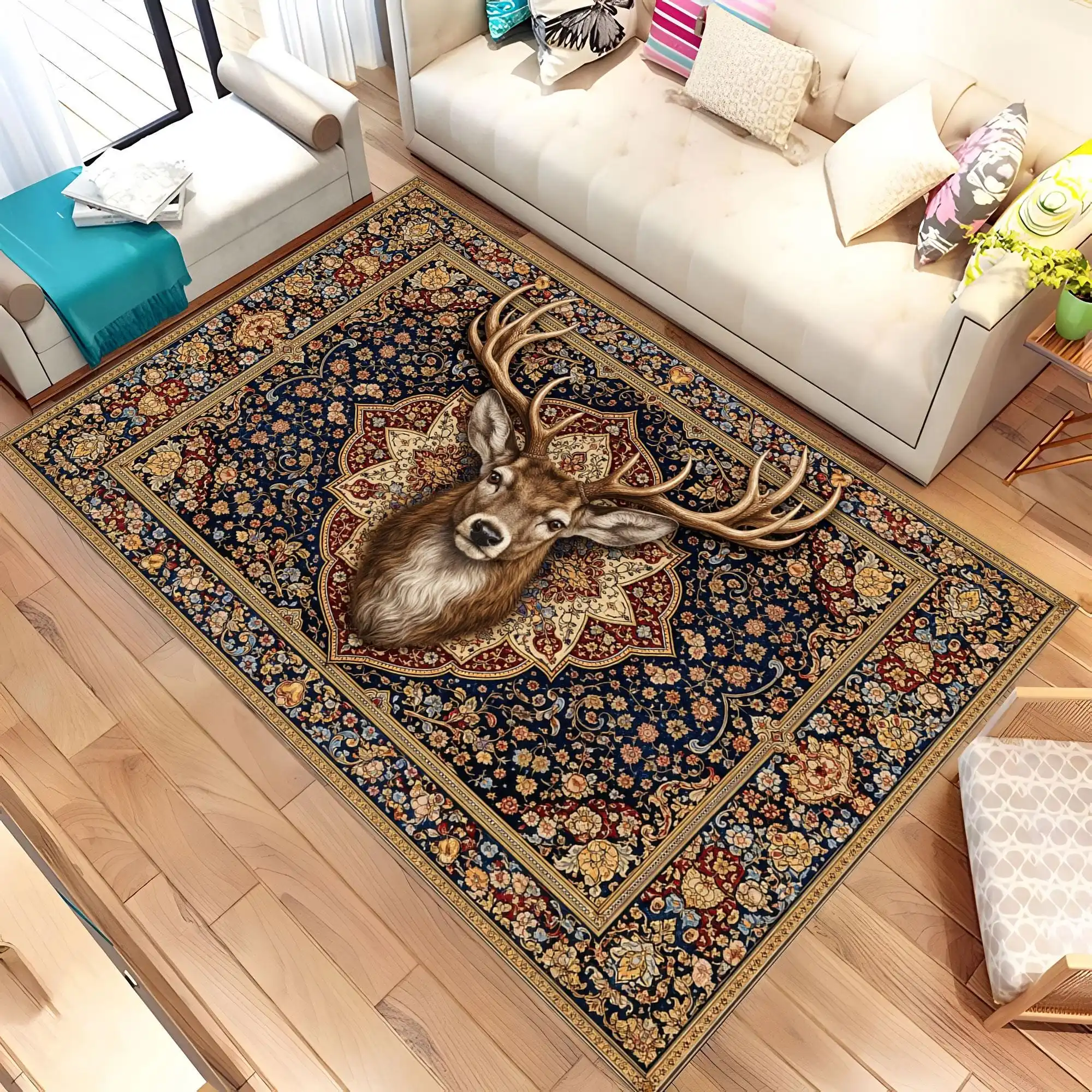 Vintage Ornate Floral Stag Head Traditional Border graphics Rug,Office Sofa Living Room, entrance door mat,Non Slip Rug,Surprise