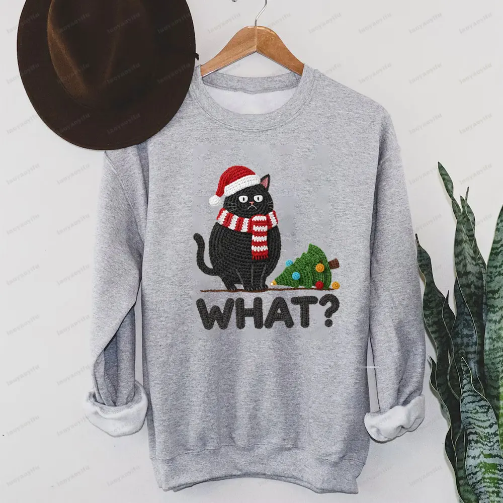 Sudadera What Cat con estampado de hilo sintético para mujer, divertida camiseta con estampado de árbol de Navidad, regalo de Navidad, Sudadera con capucha, ropa para mujer