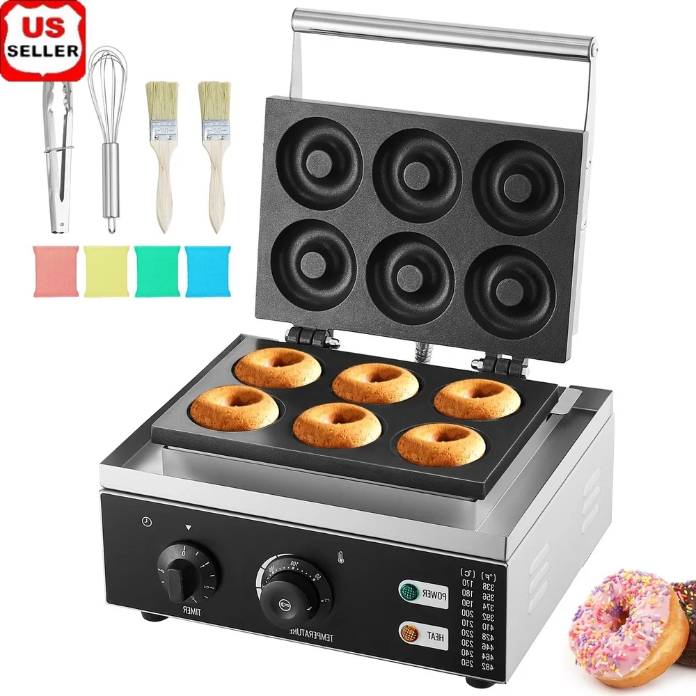 Электрическая машина для приготовления пончиков, 1550 Вт, коммерческая машина с антипригарным покрытием и 6 отверстиями, двухсторонний таймер нагрева, контроль температуры, прочная нержавеющая сталь