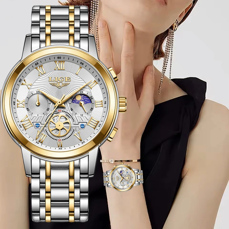 LIGE New Waterproof Women's Quartz Wristwatches Fashion Outdoor Sports Bracelet Watch Women Luxury Moon Phase Date Chronograph