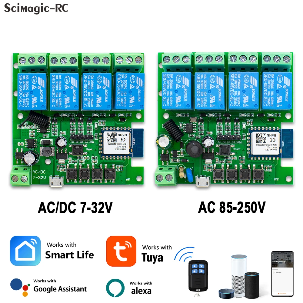 Tuya Smart WiFi 1/4 Channel Motor Switch Module 5V 12V 32V 220V RF 433 4CH Inching Relay Module Work With Alexa Google Home