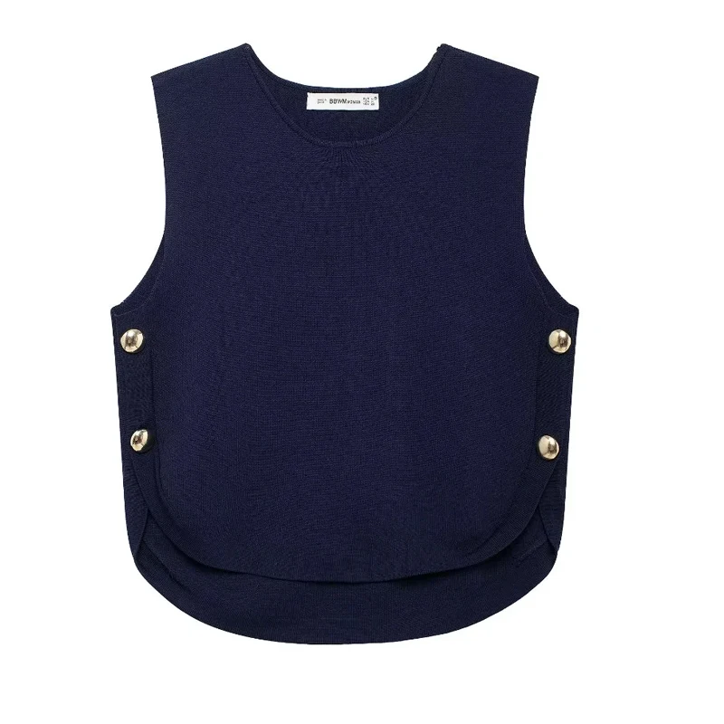 TRAF Woman Vest Pullover Female Cropped Knit Vest Sweaters Fall Beige Navy Blue Sleeveless Vest Women Casual Button Knitted Top