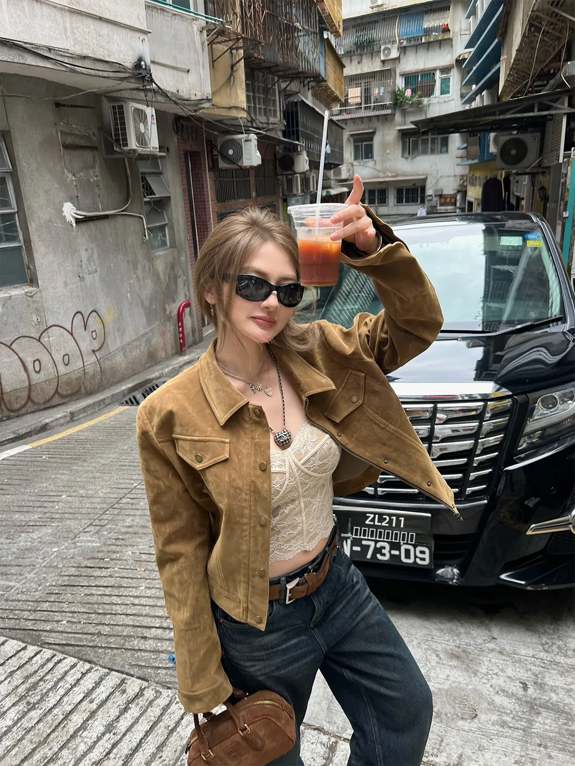 

Кожаная куртка Xinlei Lin из замши, двойная версия, с воротником-стойкой, на молнии, женская, модная, в стиле рабочей одежды, весенняя коллекция