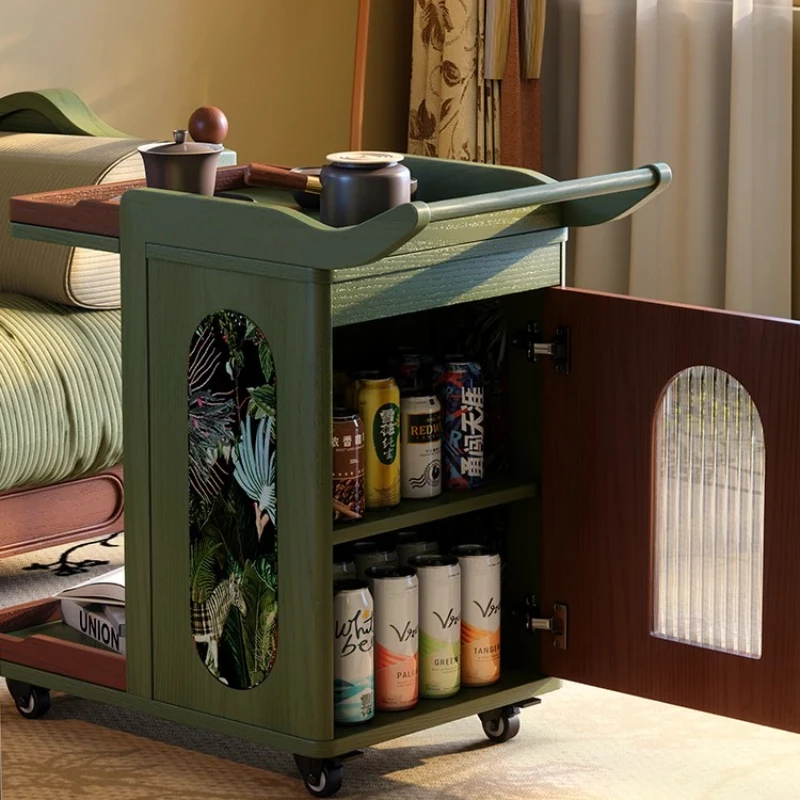 

French Retro Mobile Side Table: Solid Wood Rolling Cart for Living Room & Bedroom, Creates a Versatile Coffee & Reading Nook