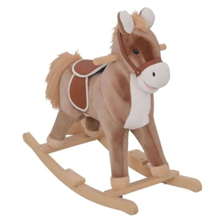 Rocking Horse, Ride on Horse for Toddlers with Soft Plush Body, Wooden Base and Handle Grip for 3+ Year Old Boys and Girls, Bro