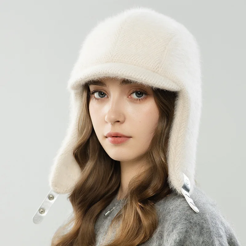 

Bomber Hat Women Winter Girl Beanie Earflap Angora Knit Cap Visor Warm Accessory For Autumn Cold Weather Skiing Sports Outdoor