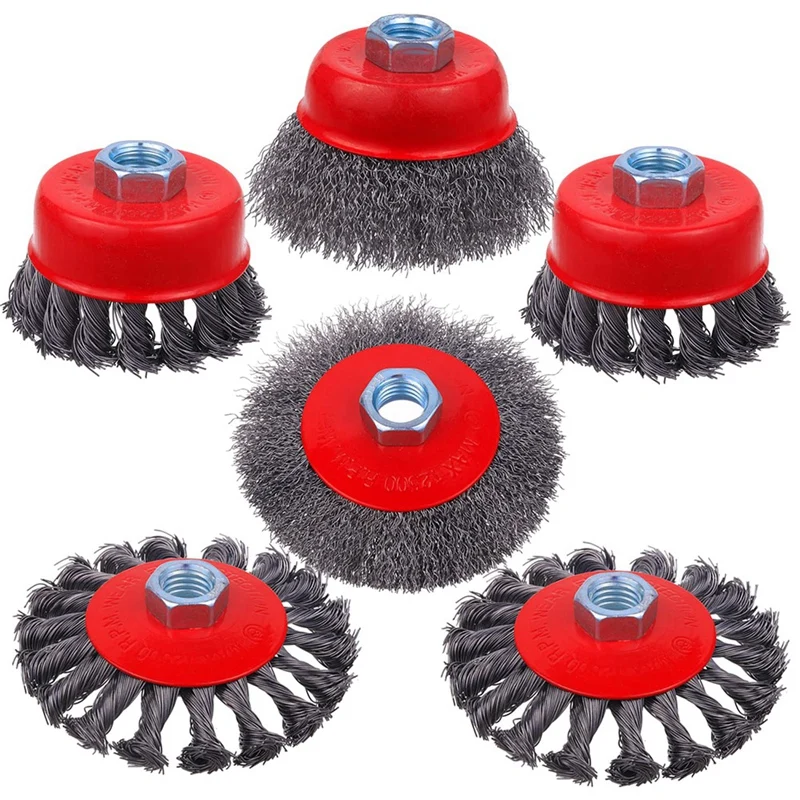 6 Pack Wire Wheel Cup Brush, 5/8 -11 Inch Threaded Arbor, 3 & 4 Inch Twisted Knotted & Coarse Crimped Cup Brush