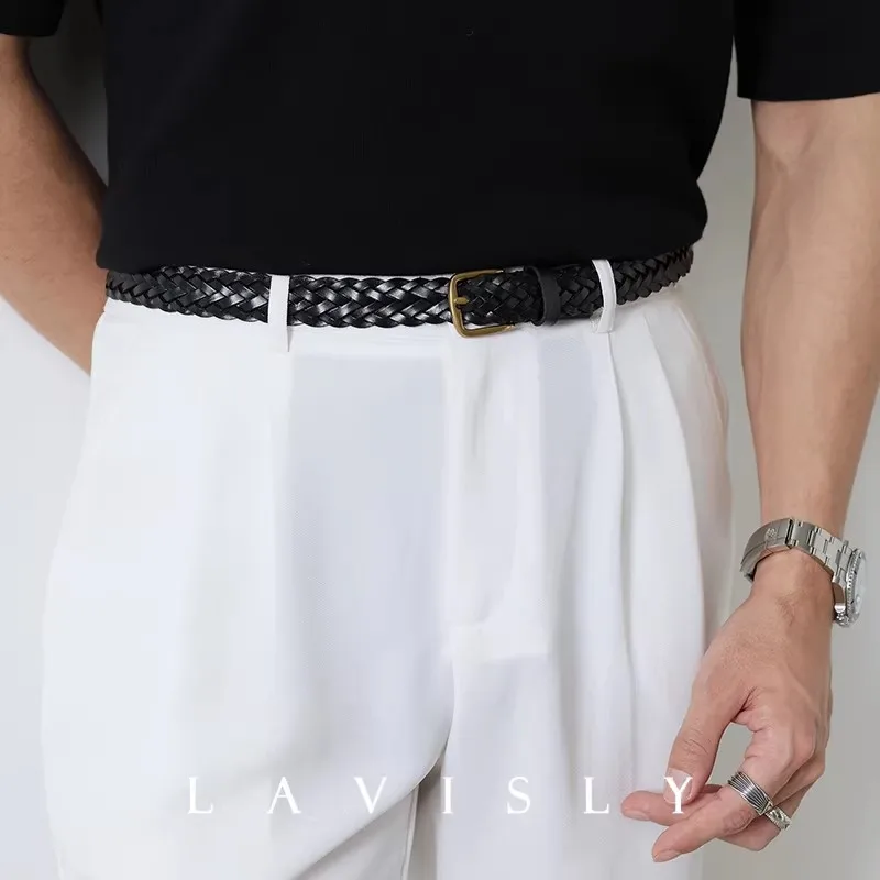 Męski pasek ze skóry licowej, ręcznie pleciony, w stylu vintage, czarny, casualowy, wąski pasek do sukienki, 2,5 cm, pasek do spodni z prawdziwej skóry, idealny do biznesu.