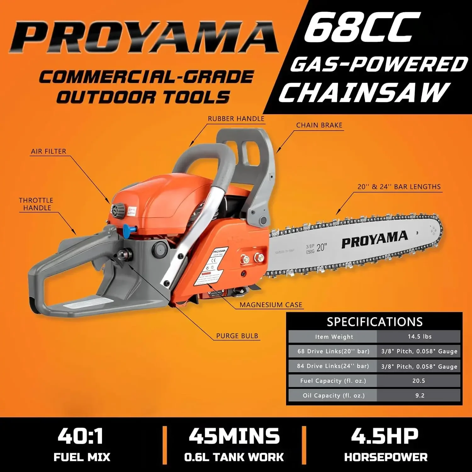 68CC 2-Cycle Top Handle Gas Powered Chainsaw 24 Inch 20 Inch Petrol Handheld Cordless Chain Saw for Tree Wood Cutting