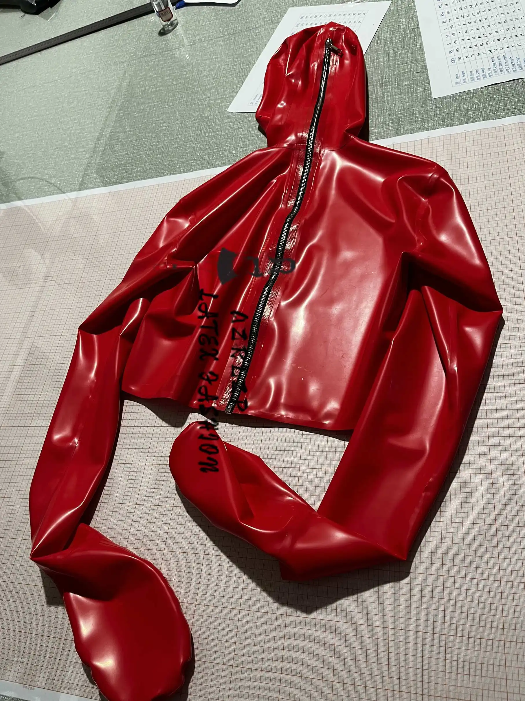 Red Latex Top with Mask, Mittens, Rear Zipper