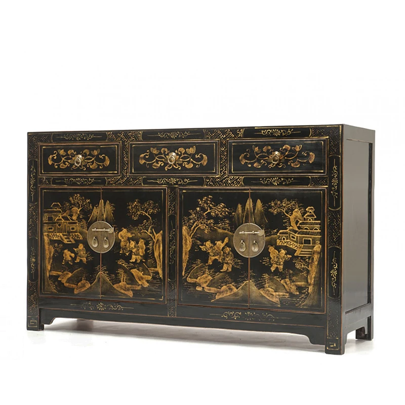 YY Solid Wood Vintage Distressed Furniture Black Painted Gold Sideboard Cabinet Entrance Cabinet