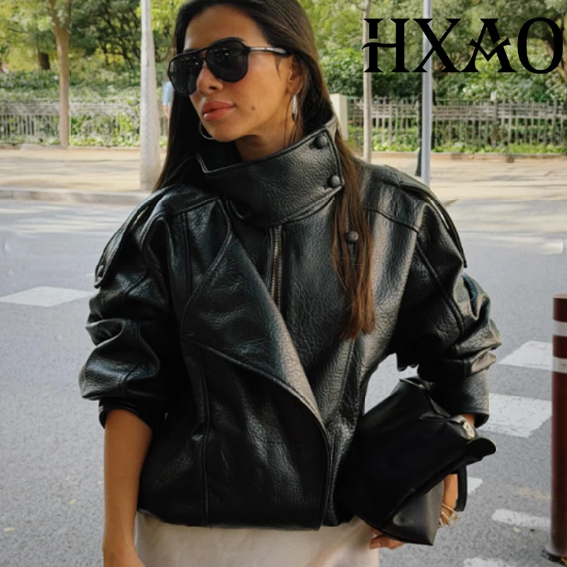 HXAO Faux Leather Jacket Coat Demi-Season Black Bomber Jacket Outerwears Long Sleeve Snap Button Cropped Motorcycle Jacket