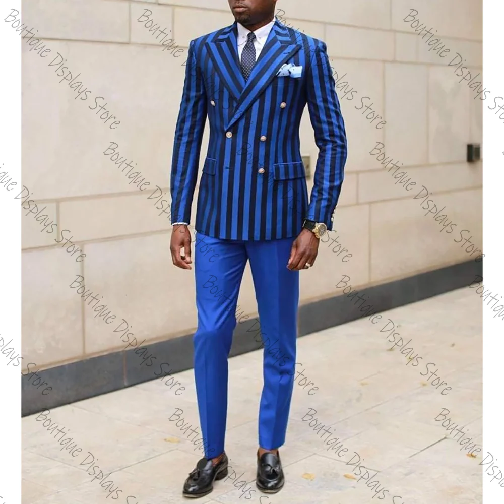 Blue and Black Stripes Double Breasted Men Suit Two Pieces(Jacket+Pants) Outfits Casual Party Prom Wedding Set