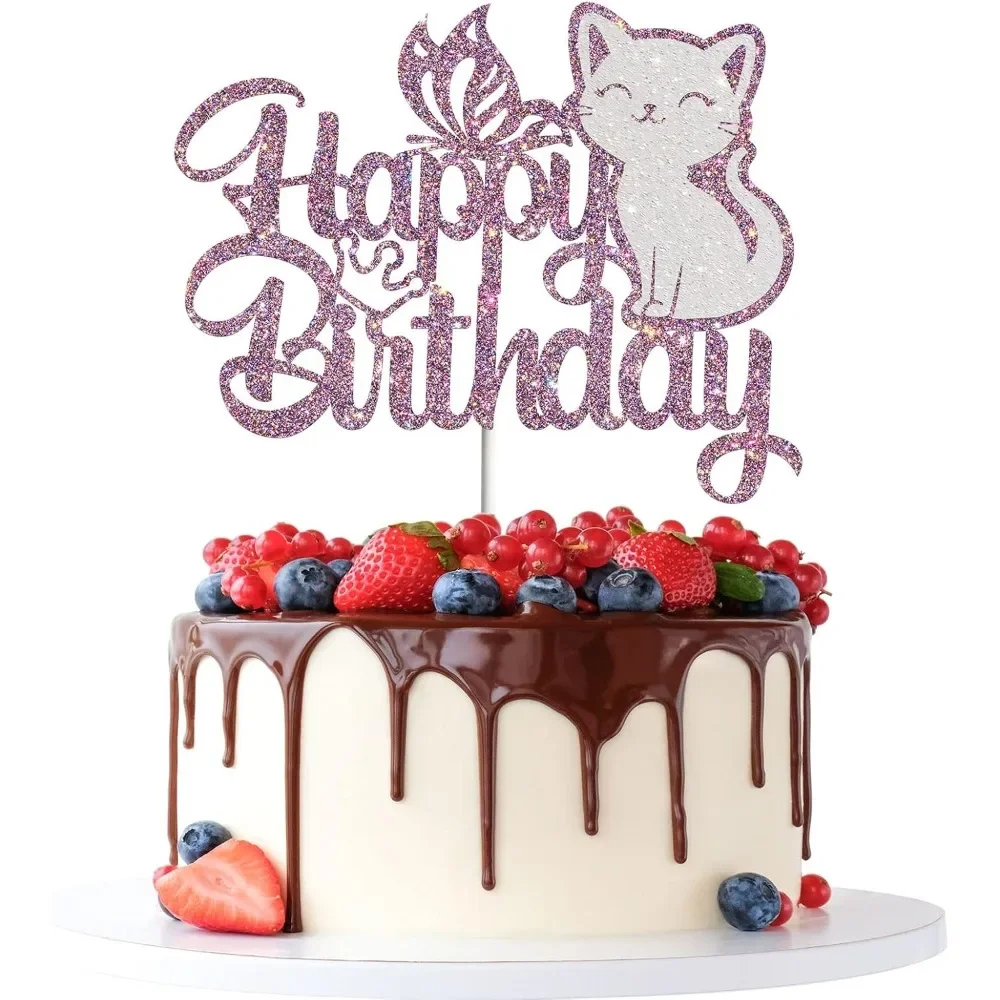 Purple Sparkling Cat Happy Birthday Cake, Butterfly Cake, Kitten Pet Theme Birthday Cake, Party Decoration