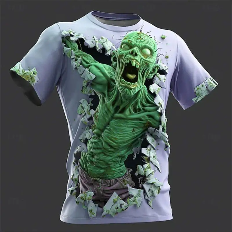 3D-T-Shirt mit Zombie-Print und gruseligem Loch-Effekt, kurzärmeliges, lustiges Halloween-Oberteil – Detail 9