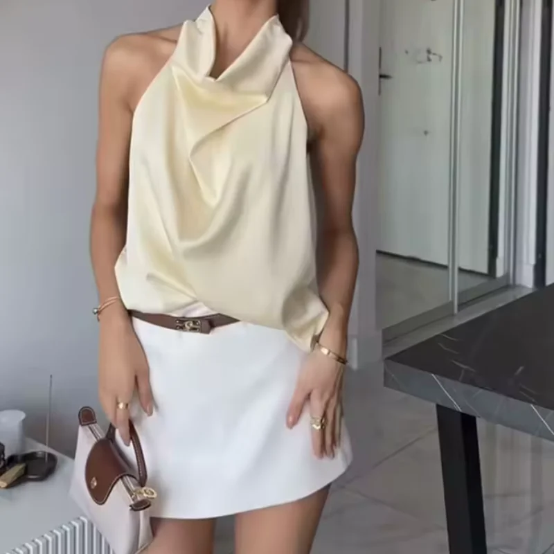 Women's Satin Halterneck Tank Top Backless Button Detail Sexy Flowing Camis Fashionable Athleisure Wear