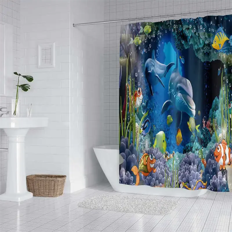 Waterproof Ocean Dolphin Fish Shower Curtain, Digital Print, with Metal Eyelets and U-Shape Plastic Hooks