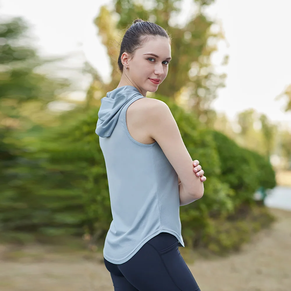 여성 운동 후드 탱크 요가 탑 러닝 셔츠 빠른 건조 체육관 민소매 탱크 탑 후드 운동 운동복