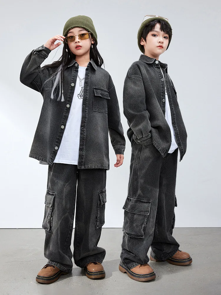 

Kid Hip Hop Clothing Denim Black Washed Shirt Jacket Top Casual Baggy Jeans Cargo Pants for Girl Boy Jazz Dance Costume Clothes