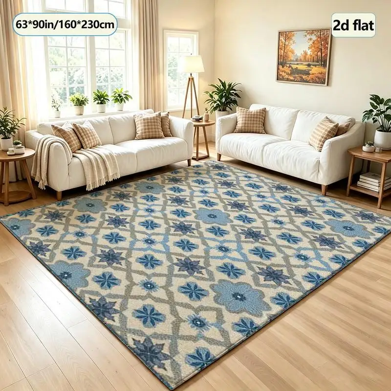 Retro Blue Floral Plaid Pattern Carpet Washable Carpet Non-Slip Indoor Living Room Bedroom Home Floor Carpet