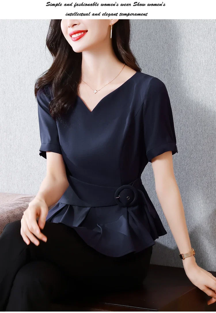 French Style Women Short Sleeve Peplum Tops Elegant Women Peplum Shirts Woman  Peplum Blouses