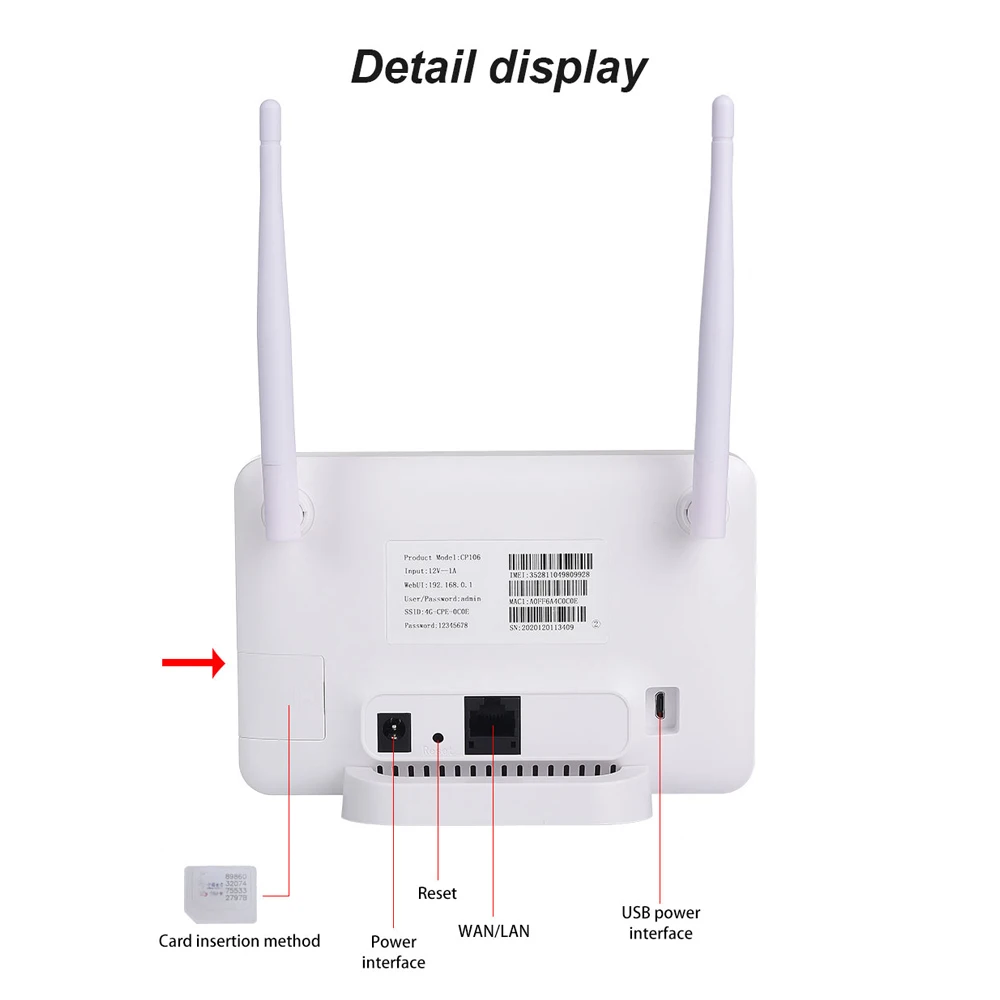 TIANJIE 4G CP106 WLAN-Router mit SIM-Kartensteckplatz, 4G LTE CAT4 WLAN-Router 150 Mbit/s, tragbarer Heim-Router, kabelloser CPE-Router für den Innenbereich