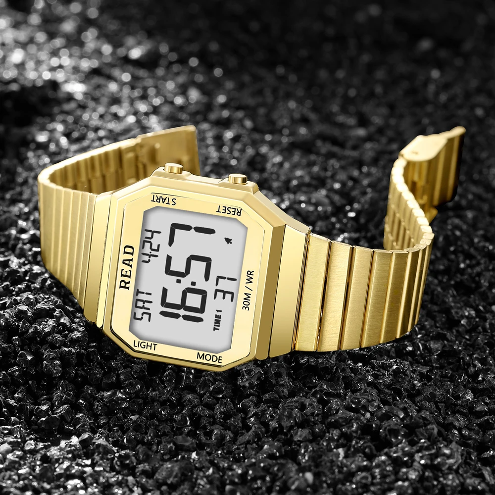 READ Retro Square Electronic Watch | Stainless Steel Band | Dual‑Time Multi‑Alarm | LED Stopwatch | 3ATM Water Resistant