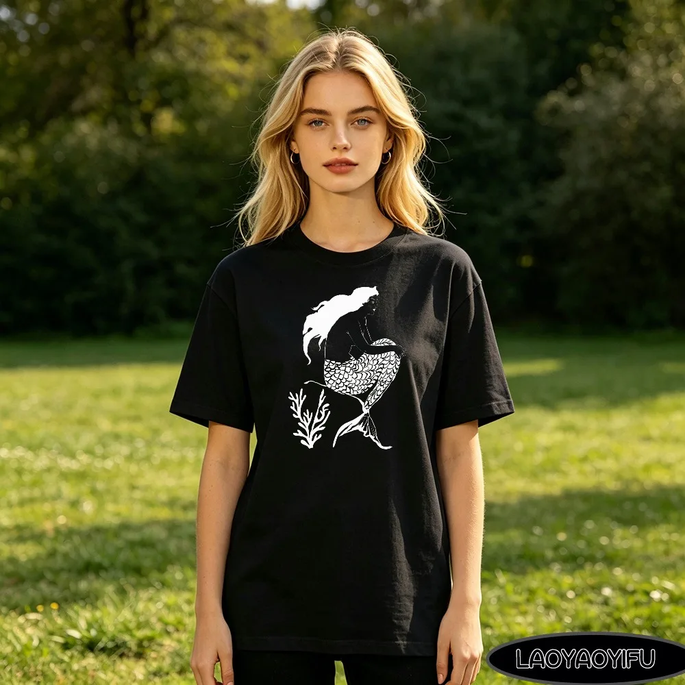 Line Art Mermaid Coral Graphic T Shirt Soft Cotton Round Neck Ladies Casual Streetwear Summer Daily Tops Beach Vacation Outfit