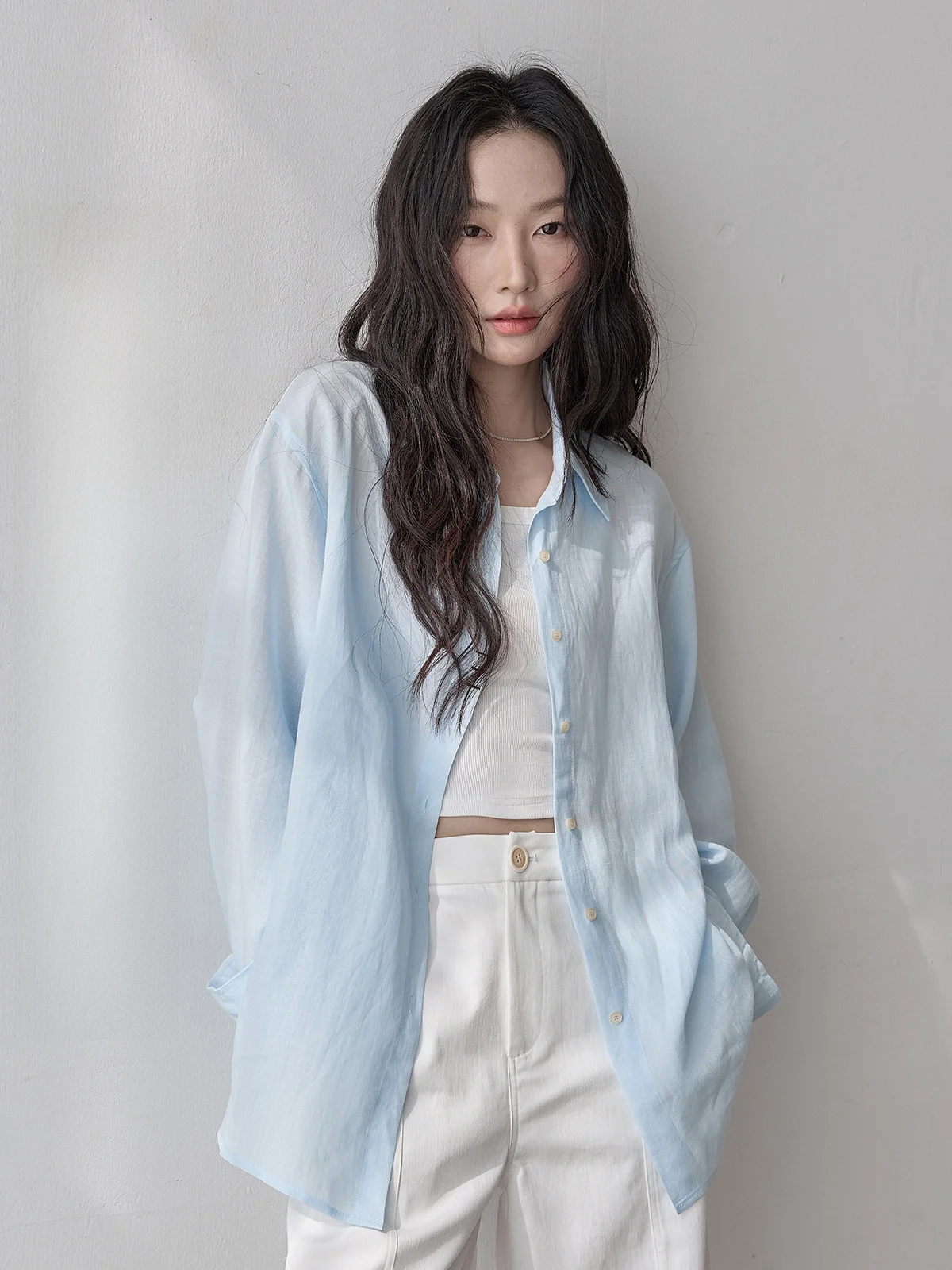 

HuiXi Blue Linen Long Sve irt Women's Loose Casual Versatile Ele Top Spring 2026 Commute Sle Korean Version