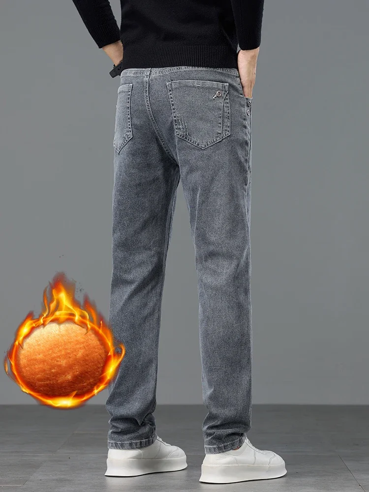 厚手暖かいスリムフリースジーンズメンズ冬新作ビジネスストレッチベルベットパンツ韓国風グレープラッシュデニムパンツ男性用