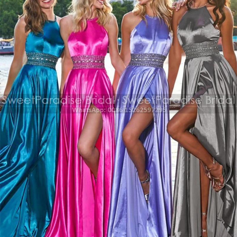 Sexy High Split A Line Bridesmaid Dresses Heavily Beaded Customized Long Halter Sleeveless Wedding Party Dress For Women