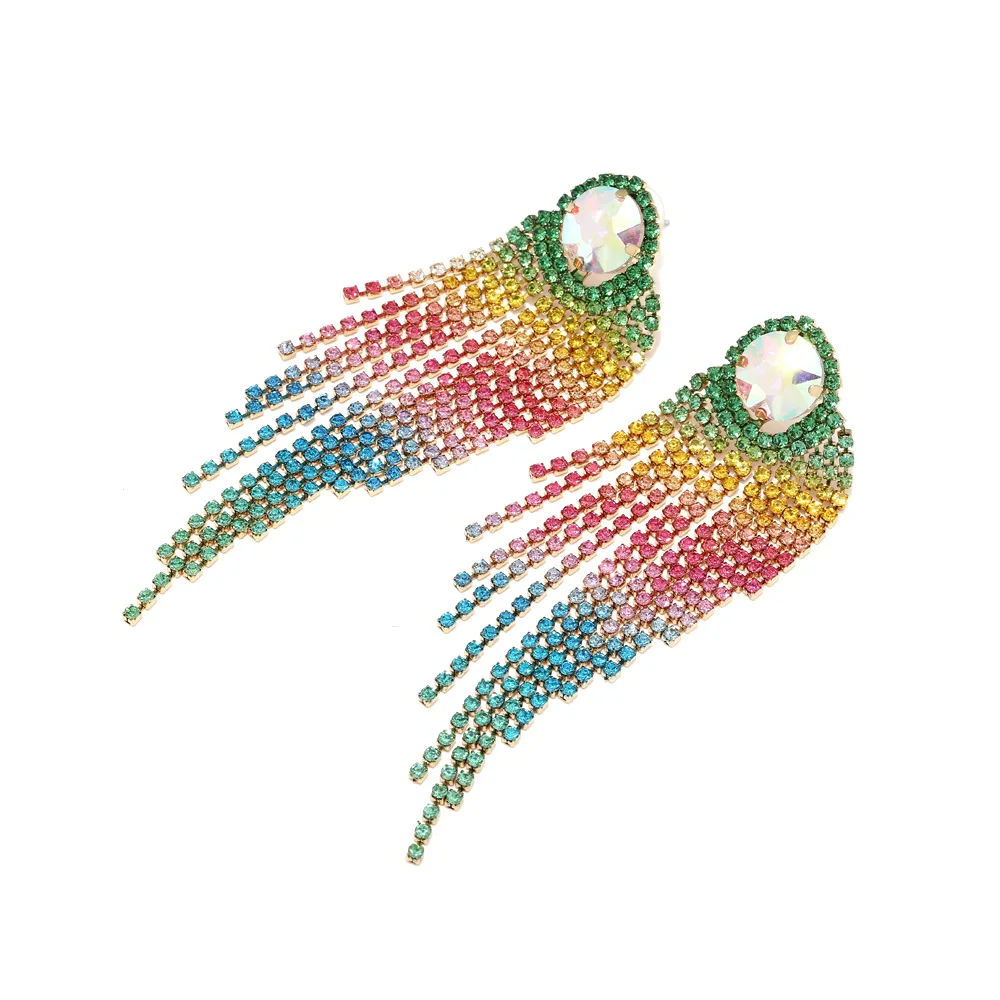Exaggerated light luxury style long style gradual change color diamond fringed earrings super flash banquet claw chain earrings 